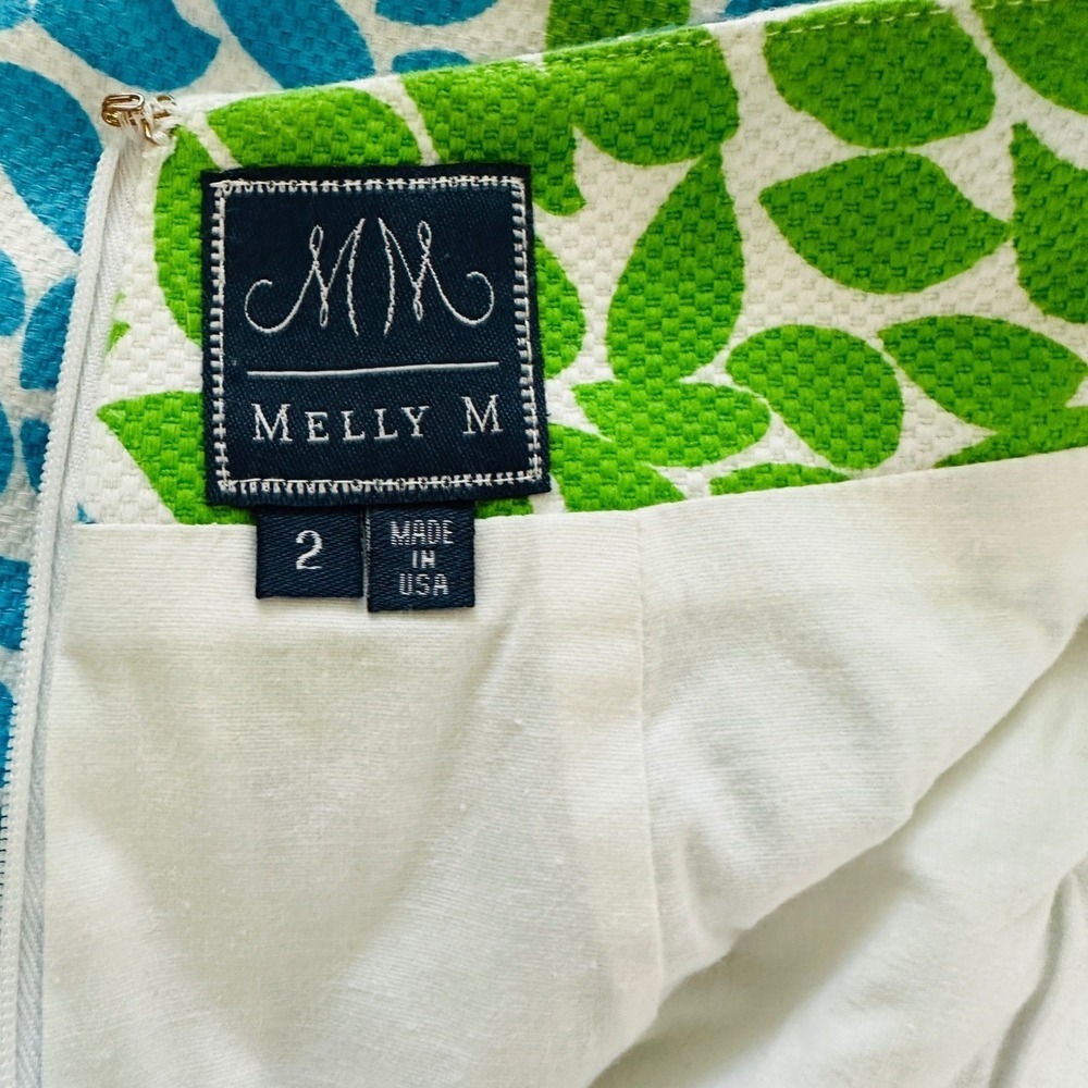 Melly M Womens Green Blue Leaf Print Mini Skirt Gold Button Size 2 Made in USA - Picture 6 of 7